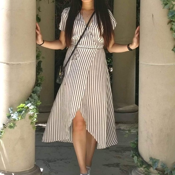 Gap Striped Midi Wrap Dress in White/Beige - Picture 7 of 7